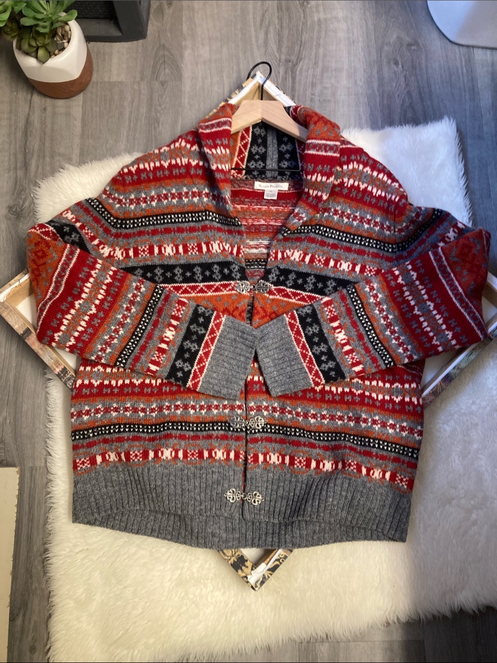 VTG Susan Bristol 100% Wool Nordic Fair Isle Shawl Collar Cardigan Metal Hook XL